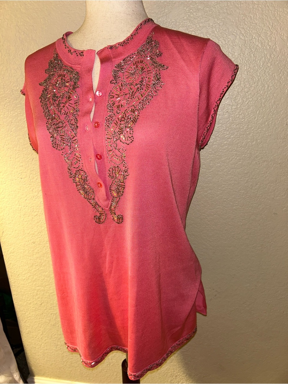 Silk Coral Pink Bead Embellished Women's Top